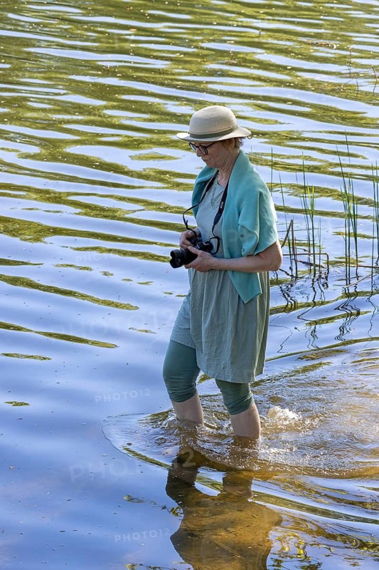 Woman with camera wading through Huwenowsee, Meseberg, Brandenburg, Germany