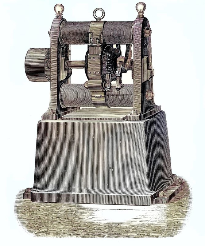Gramme machine, an early DC dynamo, developed by Belgian electrical engineer Zénobe Théophile Gramme. The machine was used in the 19th century to generate electrical energy for industrial purposes and lighting, reproduced from a 19th-century model. Authentic, file restored for optimal use, exact date of original unknown, nostalgically colored