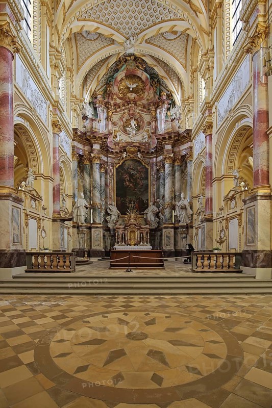 Choir of the Baroque monastery church, floor mosaic, handicrafts, interior view, former Cistercian abbey, monastery, Ebrach, Steigerwald, Lower Franconia, Bavaria, Germany