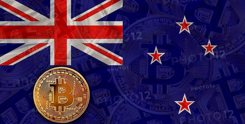 Investors in cryptocurrency and Blockchain with New Zealander flag. Bitcoin cryptocurrency with North New Zealand flag