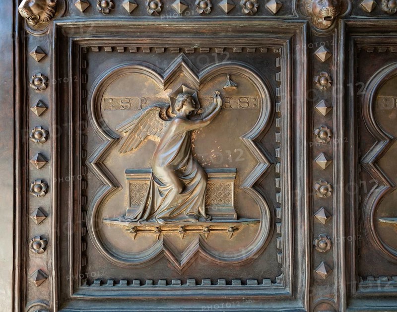 Allegory of Hope (Spes), depicted as a winged female figure, relief panel by Andrea Pisano on the south portal, Baptistery of San Giovanni, Baptistery, UNESCO World Heritage Site, Old Town, Florence, Tuscany, Italy