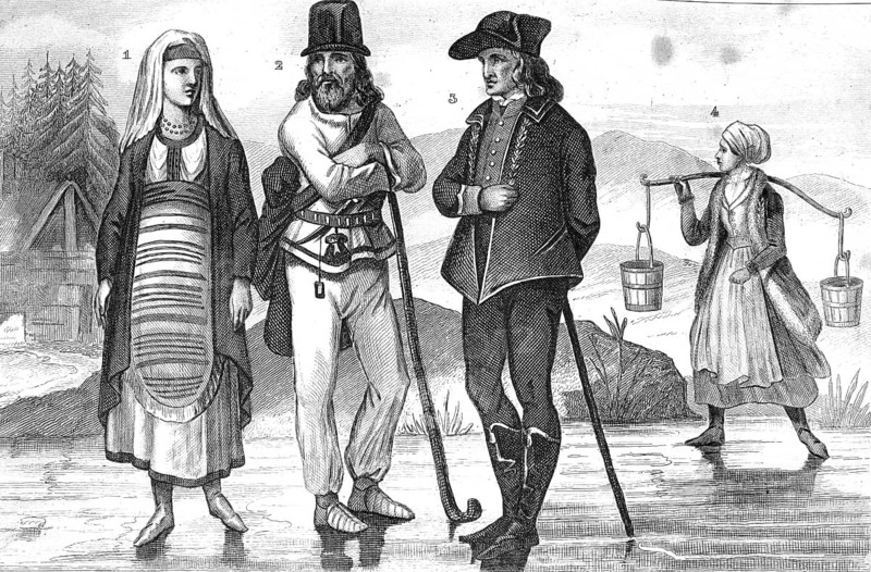 Traditional clothing styles and culture from the 19th century. Woman from Croatia (1), Farmer from Sibiu, Transylvania (2), Townsman from Moravia (3, 4), illustration, reproduction of a 19th-century original. Authentic, file restored for optimal use, exact date of the original unknown, historical