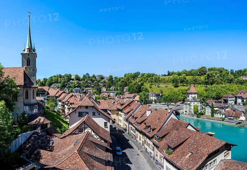Historic houses and alley Mattenenge with Nydegg church, Nydegg district and river Aare, Bern, Canton of Bern, Switzerland