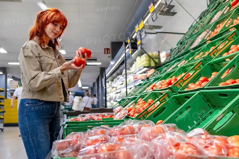 Woman with red hair carefully selecting ripe, organic tomatoes from a display bin, promoting healthy eating and conscious grocery shopping habits in a modern retail environment