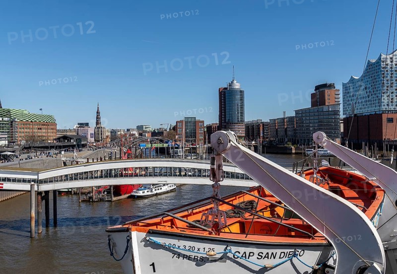 Lifeboat in white and orange on the museum ship Cap San Diego, Hamburg, Germany