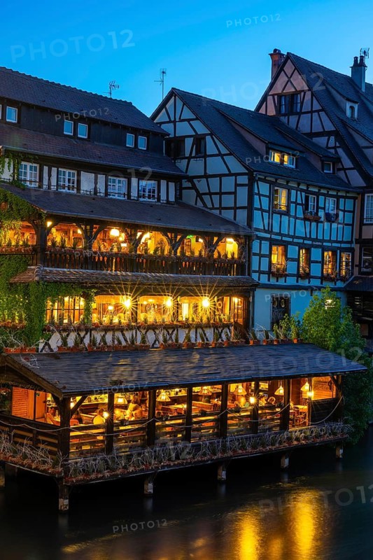 Ill, water, wine bar, half-timbered houses, Blue Hour, Petite France, Strasbourg, Alsace, France