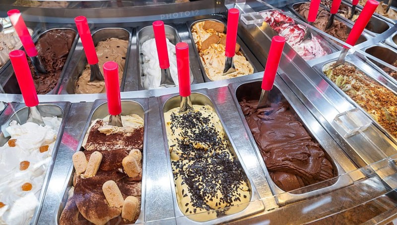 Different types of ice cream in an ice cream parlour, Taormina, Sicily, Italy