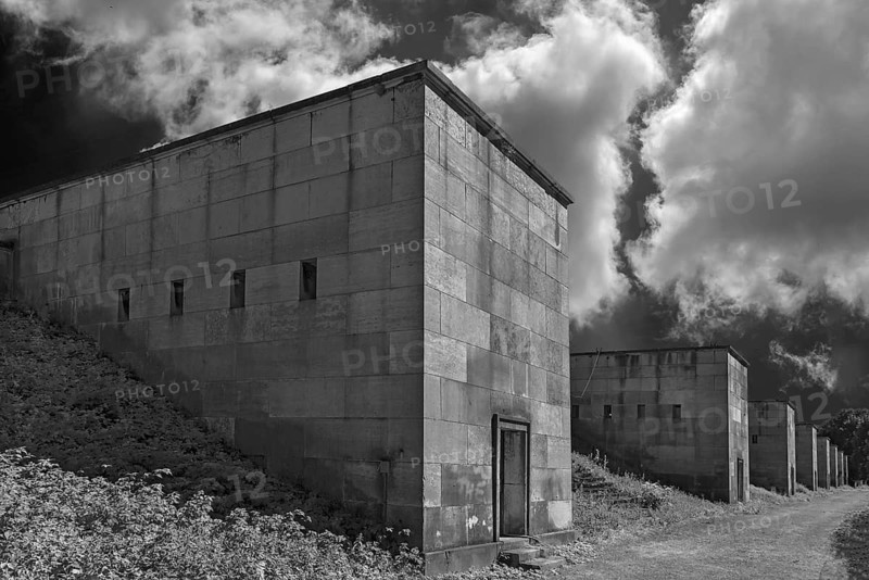 Towers around the formerly planned stadium, should plumbing be used, Reichsparteitagsgelände, cloud sky, black and white, Nuremberg, Middle Franconia, Bavaria, Germany