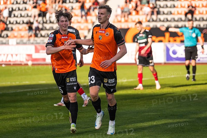 GLOGOW, POLAND - MAY 1, 2026: Football match polish Betclic 1. first league between Chrobry Glogow - GKS Tychy. Joy after goal Kacper Nowakowski (L) Szymon Lewkot (R)