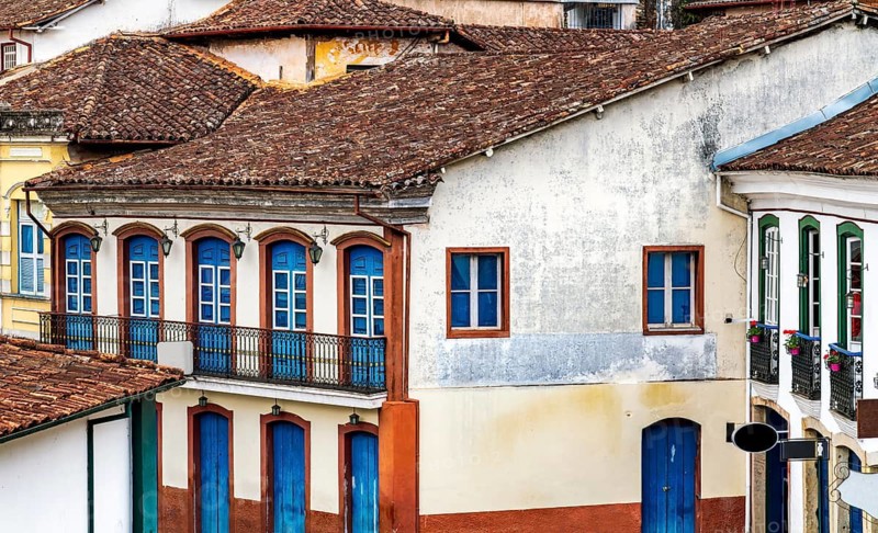 Facades of historic colonial houses in the city of Ouro Preto, Minas Gerais, Ouro Preto, Minas Gerais, Brazil