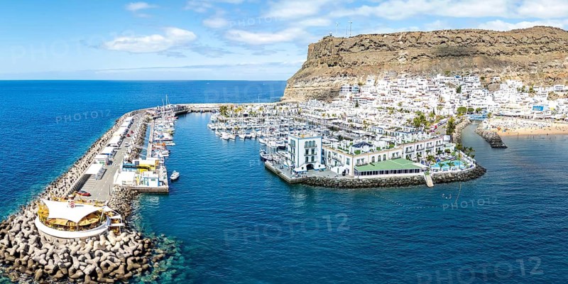 Gran Canaria aerial view from above Puerto de Mogan seaside vacation panoramic harbor trip in Puerto de Mogán, Spain