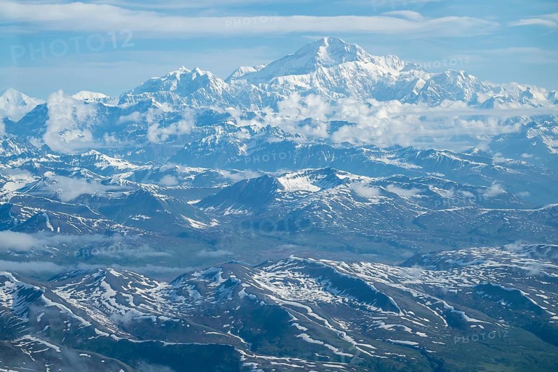 Panorama, clouds over high mountains, Mt Denali or Mount McKinley, aerial view, Alaska Range, Denali National Park, Alaska, USA