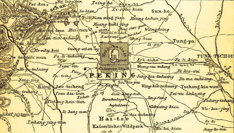 Map of Beijing and surrounding area, Beijing, China, Asia, Imperial City and Summer Palace, Imperial Wildlife Park, Square Sacred City, Mountains, Rivers, Hatches, Road Network, Map, Topography, Geography, Historical Illustration 1885