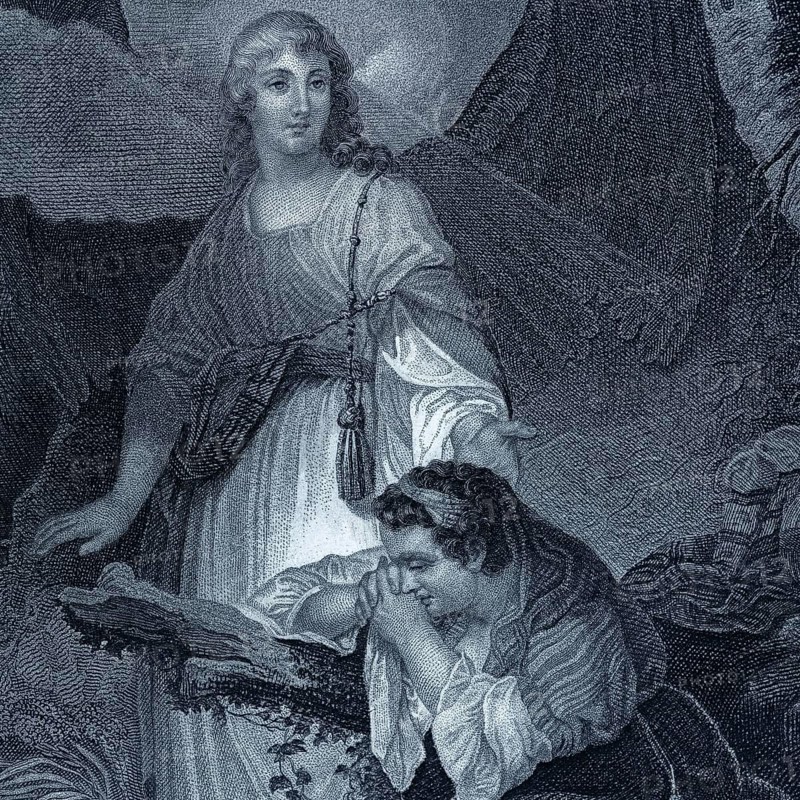 Detail from the work of art Hager by P. Rembrandt, Rembrandt van Rijn, Hagar and Ishmael, biblical scene, Old Testament, Genesis, Abraham, Sarah, Ishmael, desert, angel, expulsion, divine care, Bible, religious painting, history painting, Baroque, Dutch painting, 17th century, oil painting, light and shadow, chiaroscuro, expressive power, drama, emotion, art history, sacred art, masterpiece, woman, nature, light, historical illustration 1854