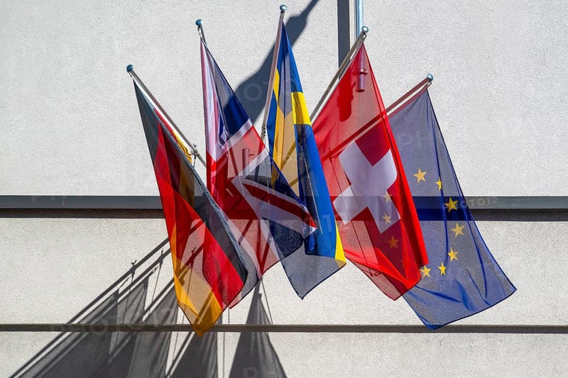 Swiss flag with Germany Great Britain, Sweden and Europe, Davos, Switzerland