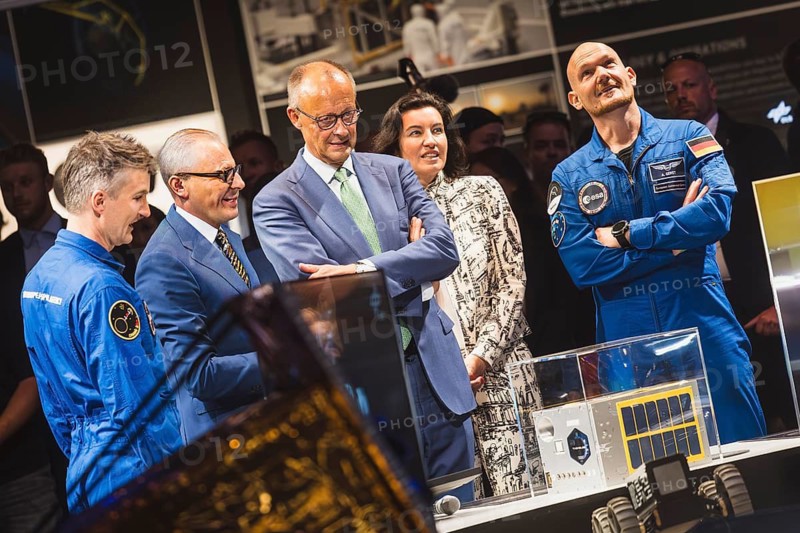 Friedrich Merz, Alexander Gerst, Dorothee Bär and Matthias Maurer during the Chancellor's tour of the ILA (International Aerospace Exhibition) on 10 June 2026 at the Berlin-Schönefeld Exhibition Grounds