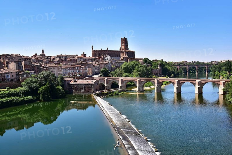 City view of the southern French city of Albi, in the foreground the river Tarn, in the background the Cathedral of Saint Cecilia, department of Tarn, Occitania region, Frankrteich