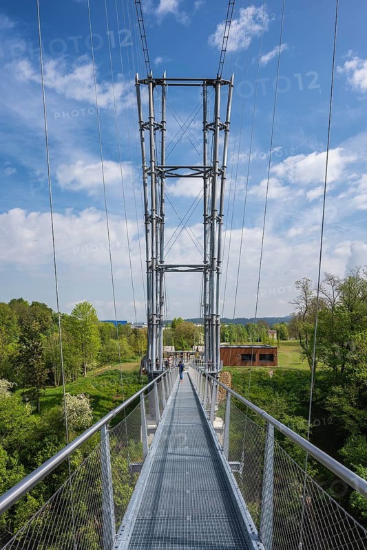 The 60-meter high and 185-ton Neckarline pylon, a suspension bridge up to 60 meters high with a wingspan of 606 meters above the Neckar Valley. The tourist attraction, built from a total of 444 tons of steel, serves to connect the historic old town and Bernese Field, where the 246 meter high TK Elevator test tower with the highest viewing platform in Germany is located. The Neckarline is the longest suspension bridge in southern Germany, Rottweil, Baden-Württemberg, Germany