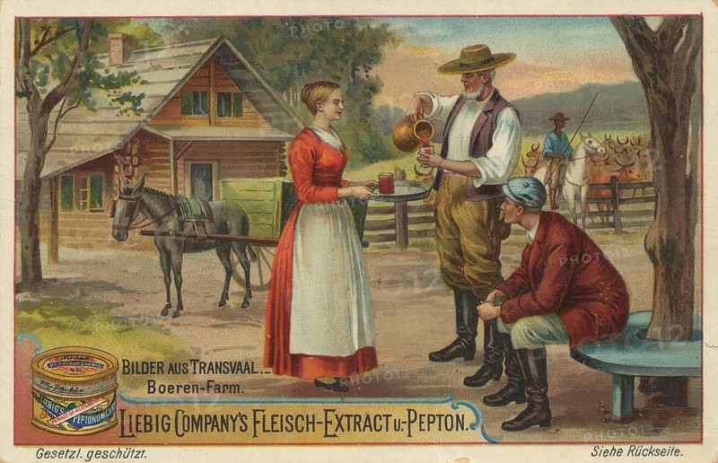 Series of pictures from Transvaal, Boeren Farm, Boeren Farm. The focus is on rural life of the Boers. You see a woman in traditional clothing serving drinks and men resting in front of a farmhouse, picture of love, digitally restored reproduction of a collector's painting from around 1900, exact date unknown
