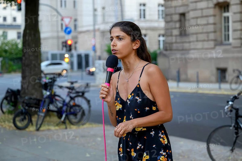 Daniela Sepehri, journalist, speaks at the Fridays For Future heat demo, Invalidenpark, Berlin, 28.06.2026