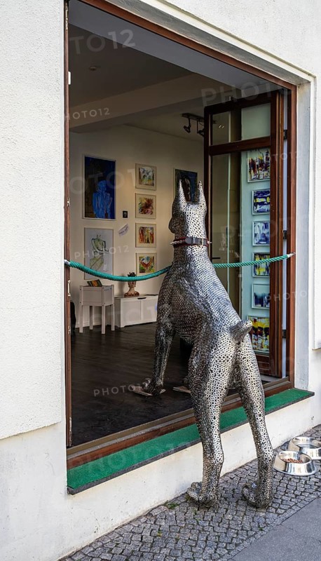 Large dog, metal mastiff, art object on the window of an art gallery on Reinhardtstraße in Berlin Mitte, Germany