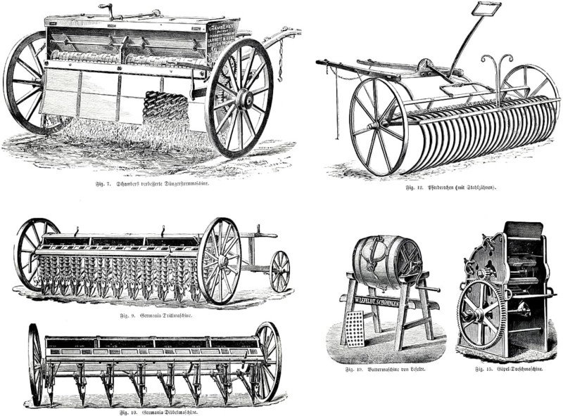 Agriculture, field work, harvesting, machinery, Schambert's fertiliser spreader, Germania drill, Germania dibble machine, horse racks with steel teeth, butter machine from Lefeldt, Göpel threshing machine, fertilizer spreading, distribution, rakes, horses, manufacturing, preparation, threshing, mechanics, device invention, new, technology, tools, work, historical illustration 1891