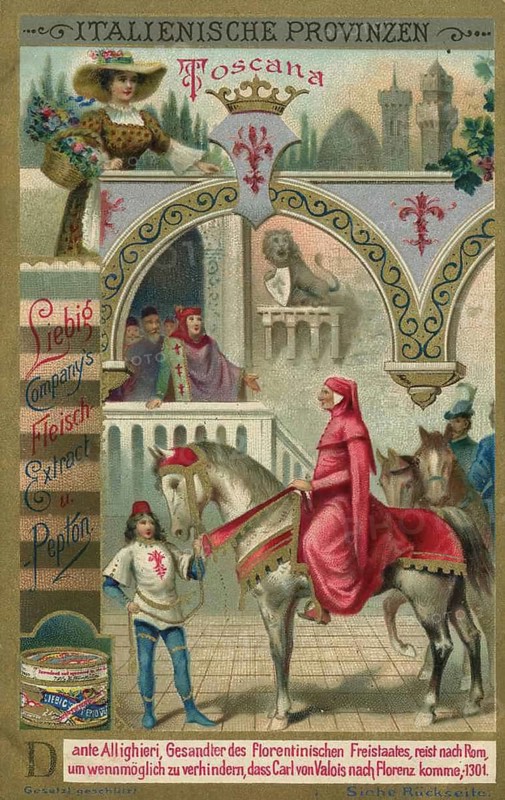 Picture series Italian provinces, picture shows the poet Dante Alighieri in 1301 as an ambassador on the way to Rome to prevent Charles of Valois from moving into Florence, picture of love, digitally restored reproduction of a collector's painting from around 1900, exact date unknown