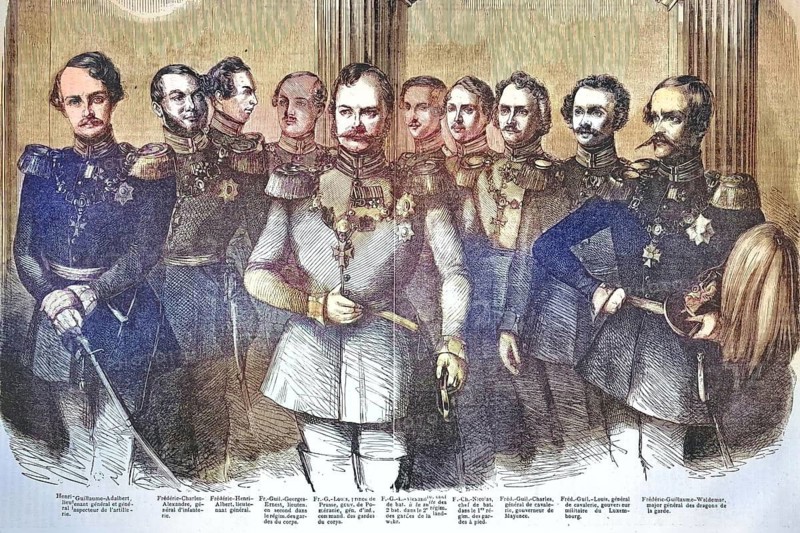 Members of the Master's Curia from the Royal House. The graphic documents the opening of the First United State Parliament in Prussia in 1847, during which the male members of the House of Hohenzollern took their seats in the Lords Curia. The Prussian princes and generals depicted in profile and half profile are listed by name in the accompanying text of the engraving, reproduced from a model from the 19th century. Authentic, file restored for optimal use, exact date of original unknown, nostalgically colored