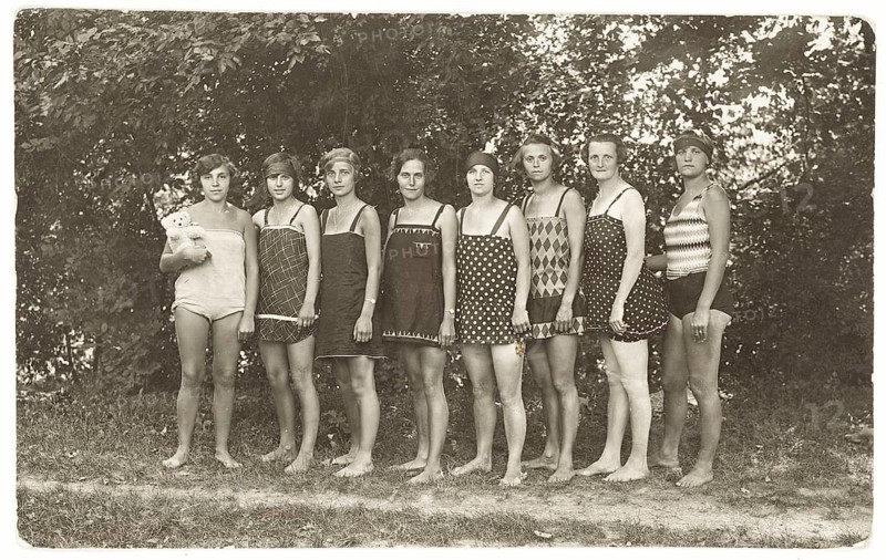 Bathing, swimwear, woman, girls, leisure, fun, summer, woman in different bathing suits standing in a row under a tree, around 1926