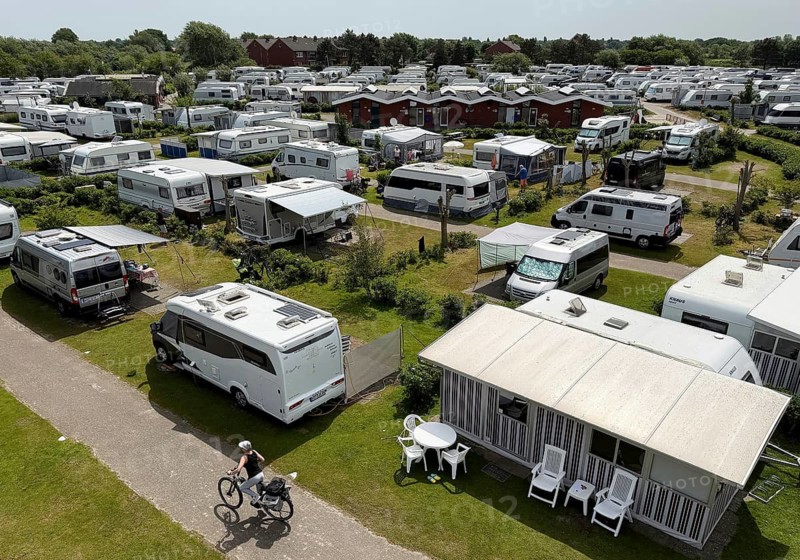 Elevated view of a campsite on the North Sea island of Borzburg, East Frisia, Lower Saxony, Germany