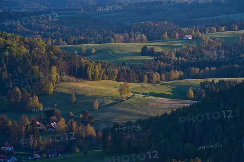 View of the Wilhelminenwand (Vilemínina stena), 442.4 metres high, overlooking Jetrichovice in the Bohemian Switzerland National Park, Jetrichovice, Czech Republic