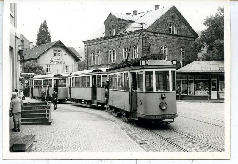 Bad Schandau, Saxony, city center, historic tram in front of old buildings in a city street scene, GDR, 1966