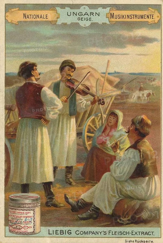 Picture series of national musical instruments, a scene in Hungary in which a musician plays the violin, Liebigbild, digitally restored reproduction of a collector's painting from around 1900, exact date unknown