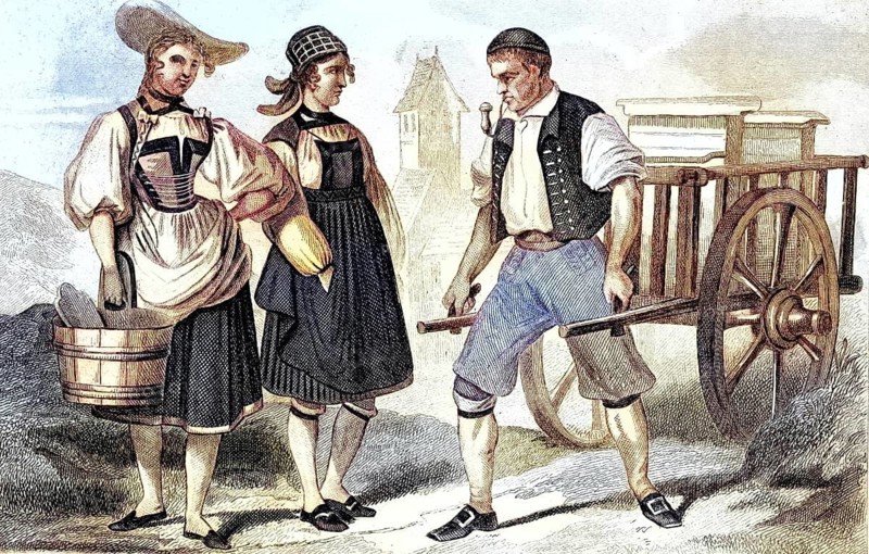 Traditional clothing styles and culture from the 19th century. Costume of farmers from the Bern area, Switzerland, illustration, reproduction from a model from the 19th authentic, file restored for optimal use, exact date of the original unknown, historical, nostalgically colored