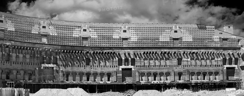 Detailed view of the Congress Hall in the courtyard, unfinished National Socialist monumental building on the Reichsparteitagsgelände, black and white, Nuremberg, Middle Franconia, Bavaria, Germany