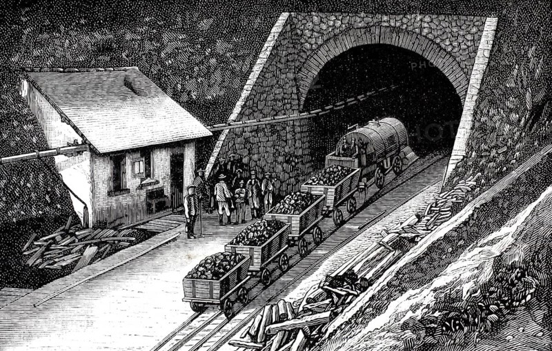 Wood engraving from 1877 depicting the construction of the Gotthard Tunnel in the Swiss Alps. The scene shows a locomotive that is powered by compressed air and pulls rubble wagons out of the tunnel portal, illustration, reproduction of a model from the 19th century. Authentic, file restored for optimal use, exact date of submission unknown, historical