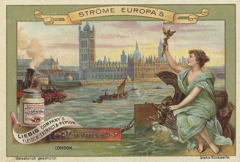 Picture series Streams of Europe, London with Parliament in the background and the Thames in the foreground, picture of love, digitally restored reproduction of a collector's painting from around 1900, exact date unknown