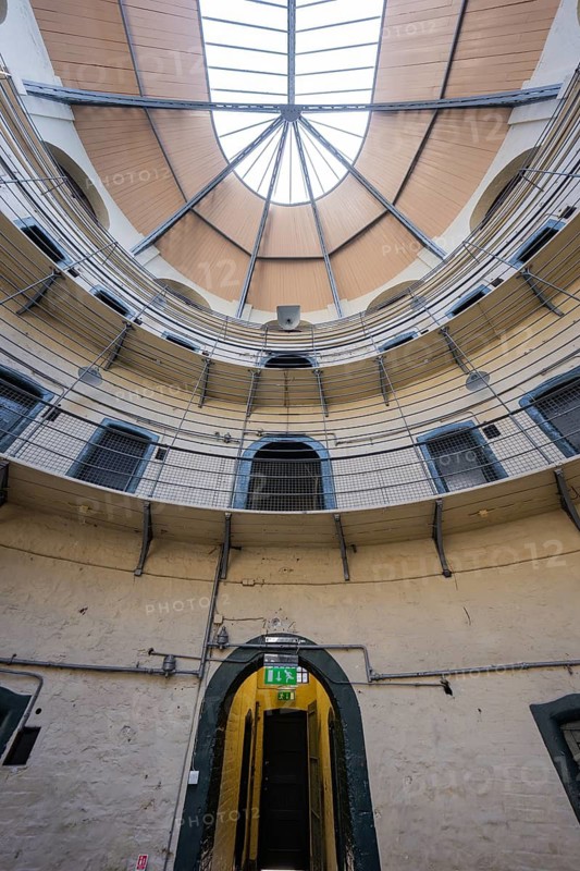 Circular interior of a prison with a view of a skylight and lattice structures, Kilmainham Gaol Prison, Dublin, Ireland