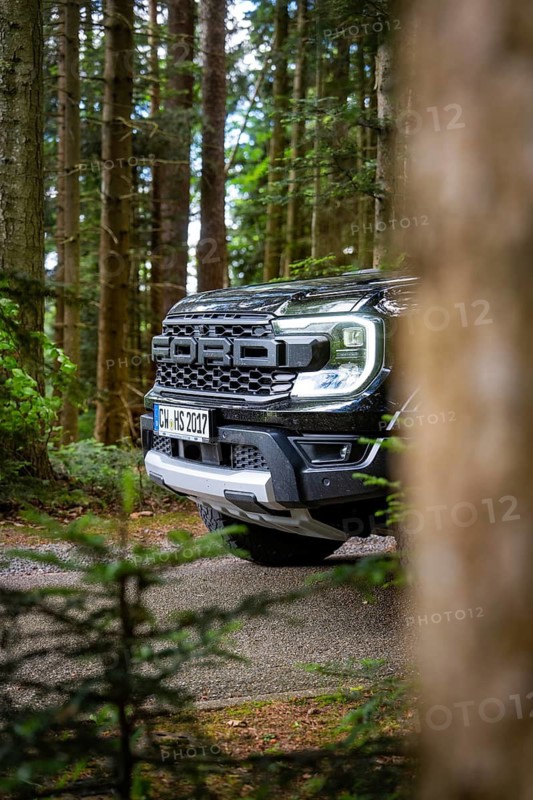 Close-up of a car in the forest, between tall trees, district service with Björn Hartmann Sicherheit, Oberreichenbach, Calw district, Germany