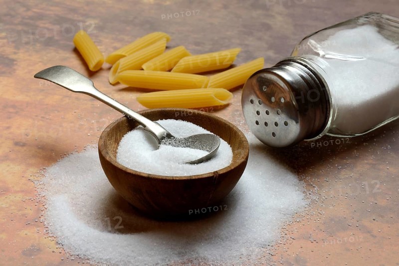 Salt in bowl and salt shaker, table salt and pasta, pasta