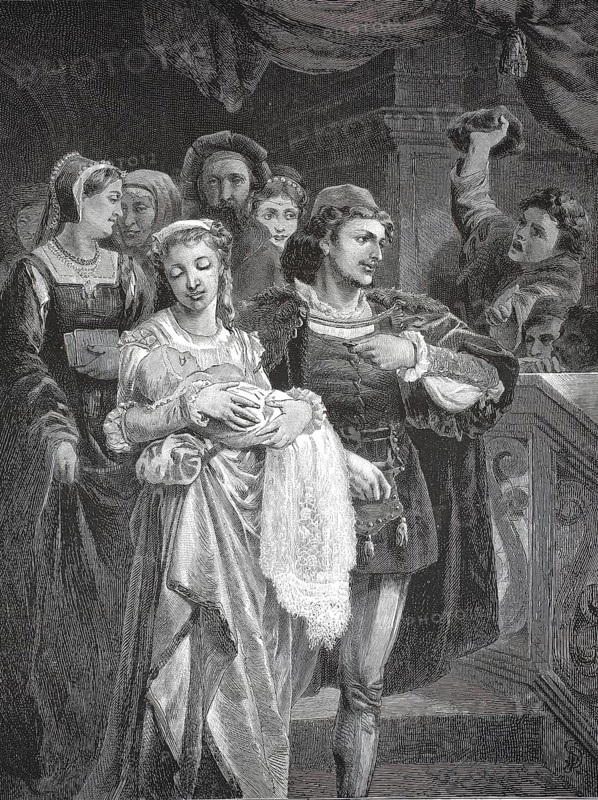 The solemn procession for the baptism of the newborn Princess Elizabeth, later Queen Elizabeth I. The focus is on the Duchess of Norfolk as godmother, who wears the royal baby, festively wrapped in a precious baptismal robe, to the ceremony, illustration, reproduction from a 19th-century model. Authentic, file restored for optimal use, exact date of submission unknown, historical