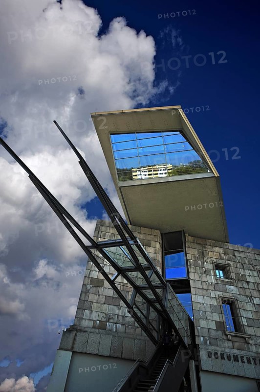 Modern entrance to the National Party Rally Site Documentation Center against Cloudy Sky, former Congress Hall of the NSDAP 1933-1945, Bayernstraße 110, Nuremberg, Middle Franconia, Bavaria, Germany