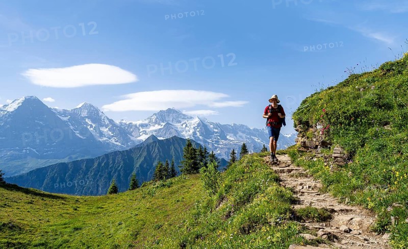 Hikers on a hiking trail on the Schynige Platte, picturesque mountain landscape, mountain panorama with peaks Eiger, Mönch and Jungfrau, Bernese Alps, Bernese Oberland, Switzerland