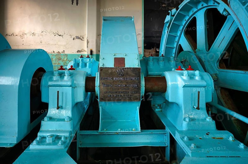 Interior view, winch building, conveyor, reel, company BTH British Thomson Houston, Winder House, Museum, Geevor Tin Mine, tin mine, mining, Pendeen, Trewellard near St Just in Penwith, Cornwall, England, Great Britain, Great Britain
