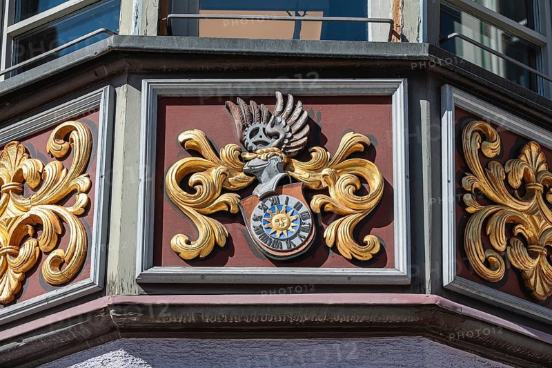 Detailed view of an artfully decorated bay window in the historic old town of Rottweil, Rottweil district, Baden-Württemberg, Germany