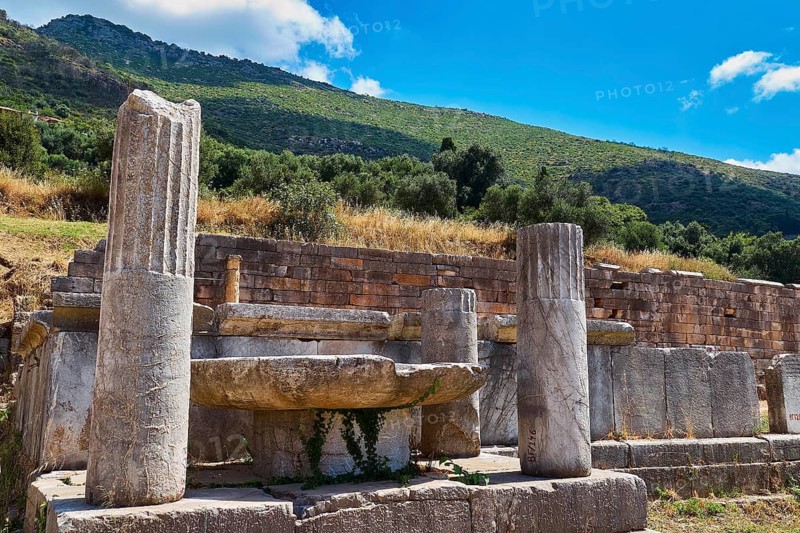 Arsinoe Fountain, Ancient Ruin Structure with Columns in Front of a Green Hill, Ancient Site, Archaeological Site, Messene, Messini, Messinia, Southwest of the Peloponnese, Odyssey, Odysseus, Ulysses, Movie, Filming Location, Matt Damon, Peloponnese, Peninsula, Greece