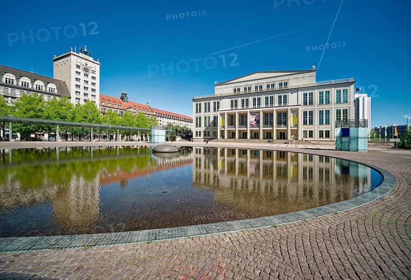 Krochhochhaus und Leipziger Oper am Augustusplatz, opera house, concert house, music, theatre, water reflection, reinforced concrete building, clock tower, Leipzig, Saxony, Germany