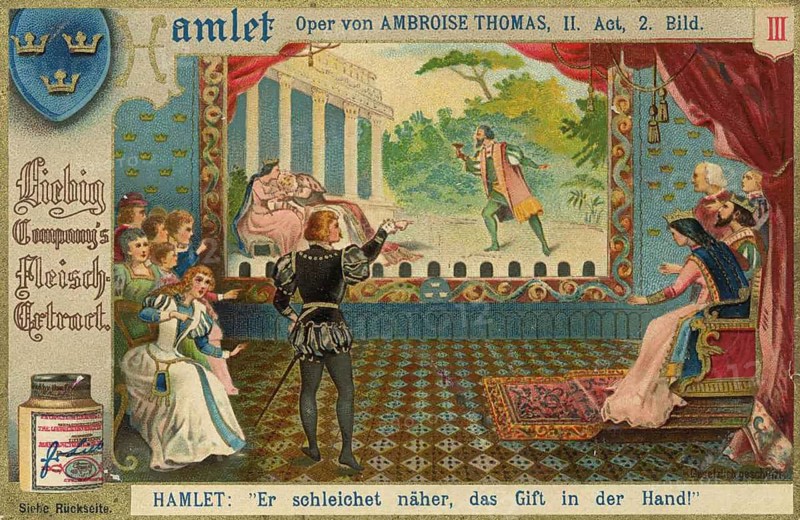 Hamlet picture series, scene from Act 2, 2nd picture of the opera, with the caption: He creeps closer, the poison in his hand!, Liebigbild, digitally restored reproduction of a collector's painting from around 1900, exact date unknown