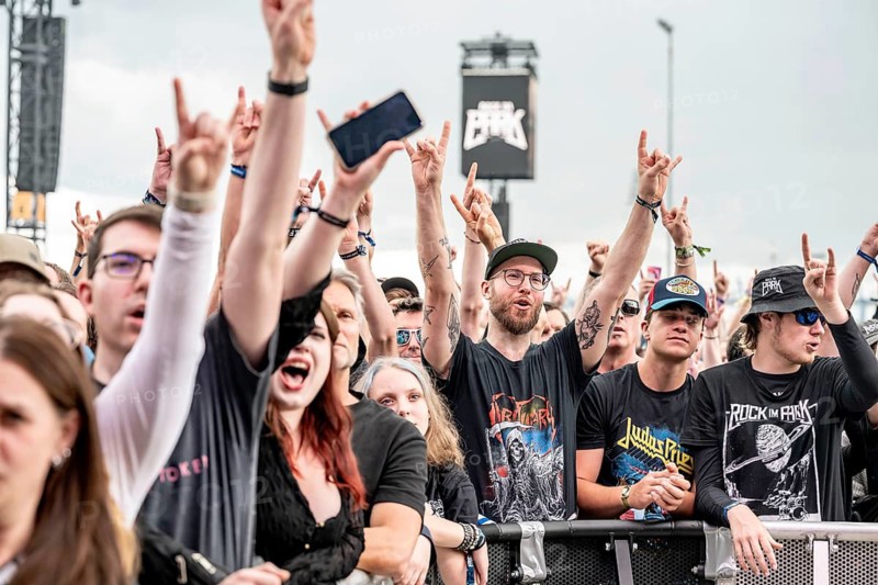 Festival visitors show metal gesture during Tom Morello's performance at Rock im Park on Zeppelin Field in Nuremberg on 05.06.2026