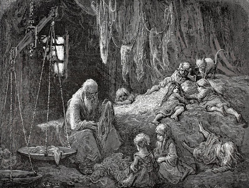 An old man with a long beard sits bent over to the left and sorts or patches rags. Several neglected children lie and sit on the right on a large pile of fabrics or blankets, old clothes dealer, around 1870, illustration, reproduction from a model from the 19th century. Authentic, file restored for optimal use, exact date of submission unknown, historical